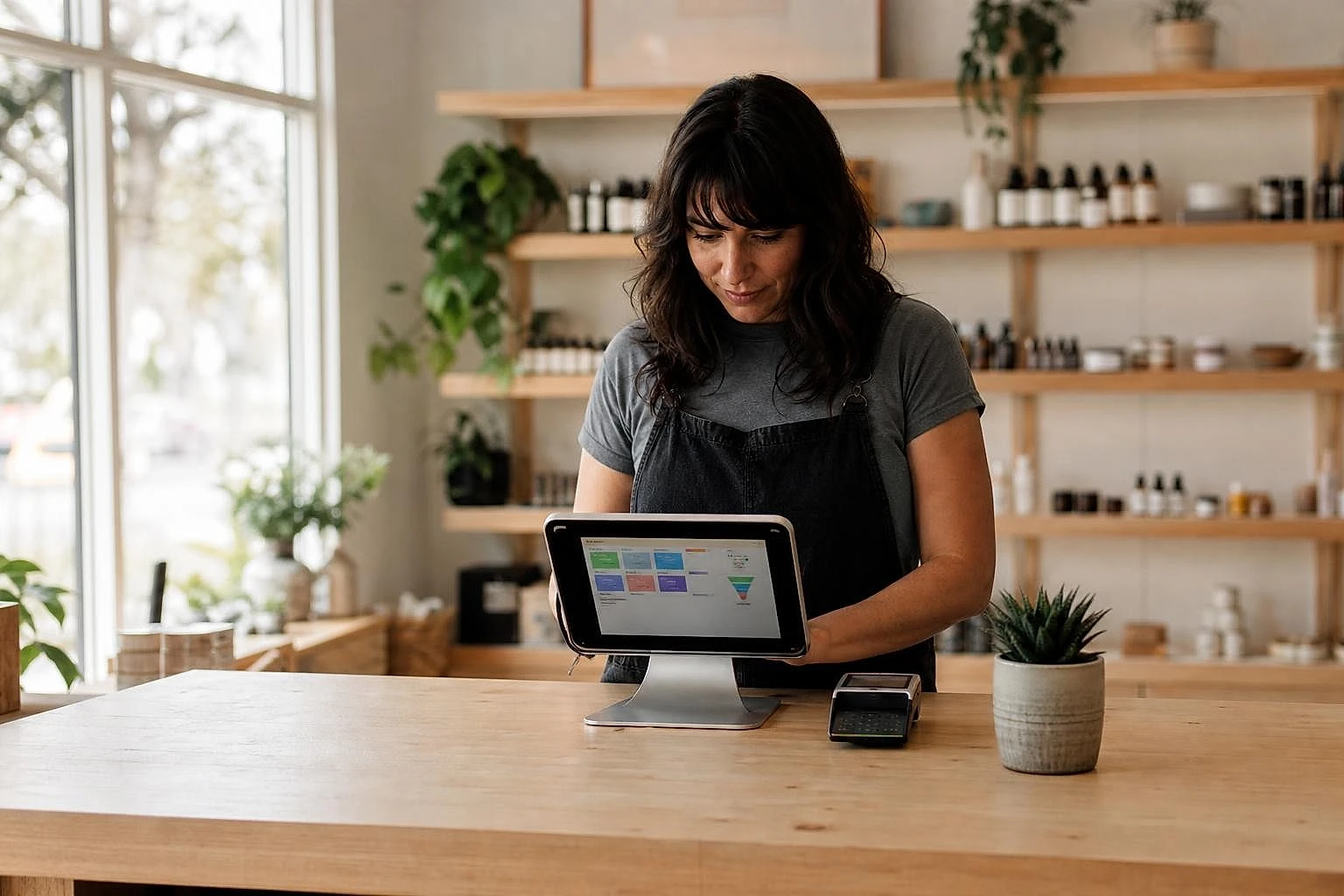 Shop owner checking sales sources on the counter tablet in her bright store