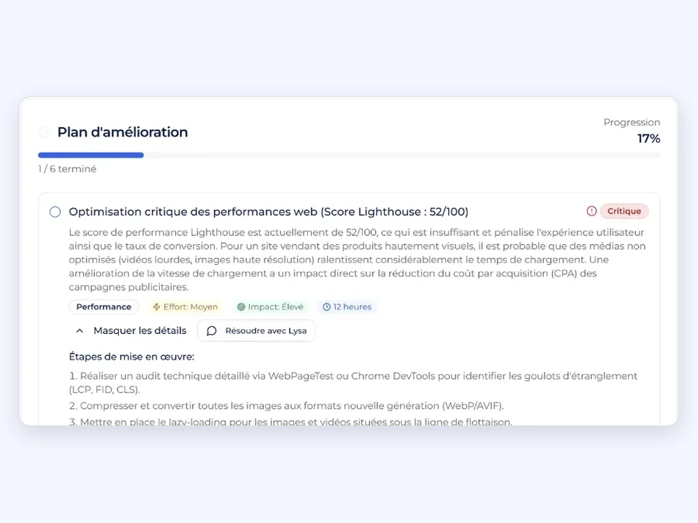 Plan d'amélioration dans Lysible : une correction de performance avec son effort, son impact, sa durée et ses étapes de mise en œuvre