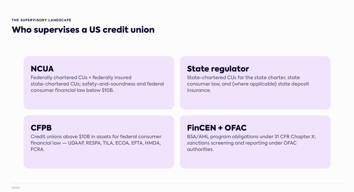 The four regulators that supervise a US credit union: NCUA, state regulator, CFPB, and FinCEN/OFAC.