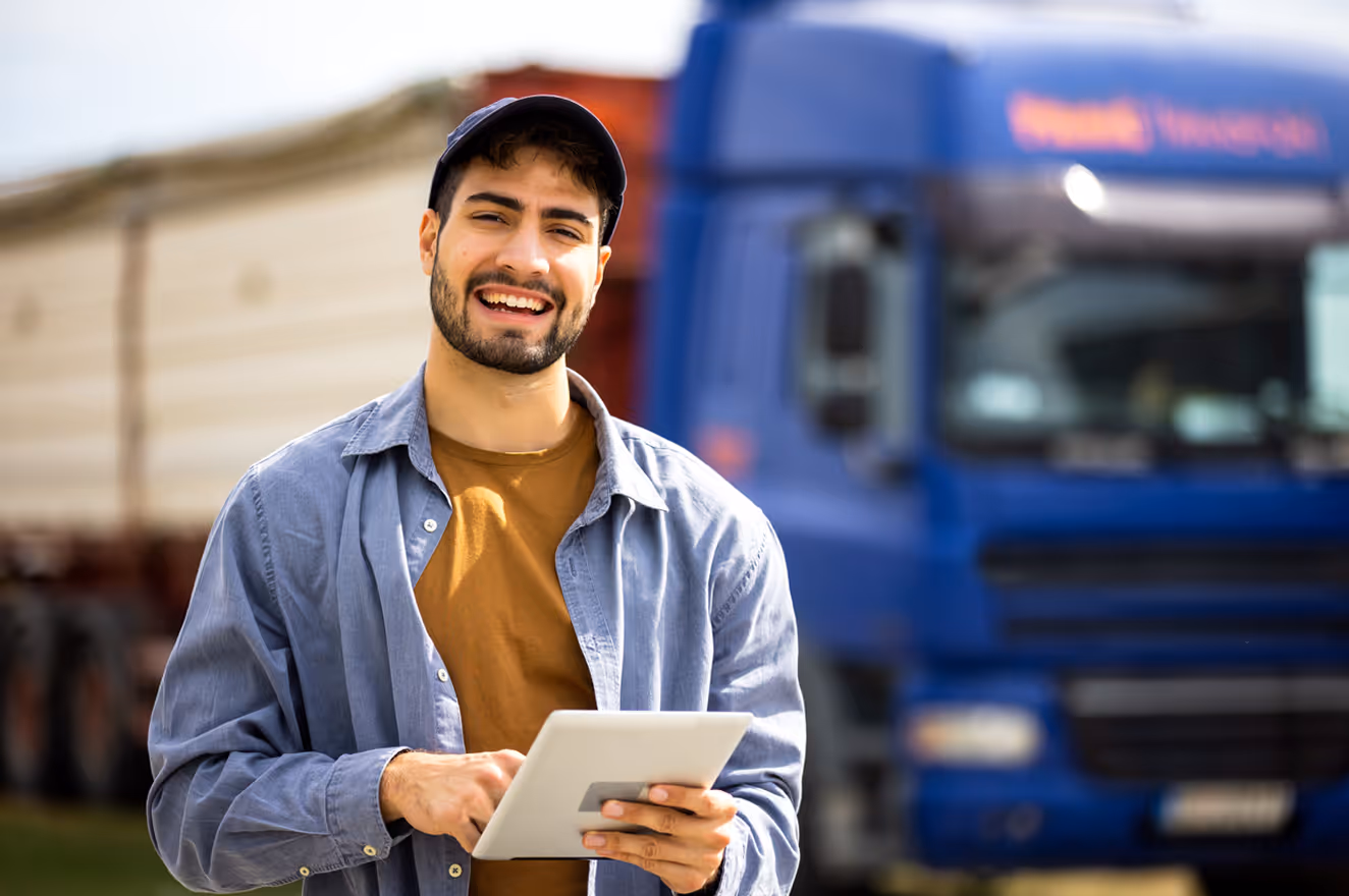 Smiling man in cap holding tablet with blue truck in the background outdoors.