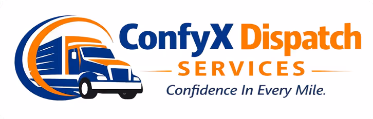 ConfyX Dispatch Services logo with a stylized blue and orange semi-truck and the tagline 'Confidence In Every Mile.'