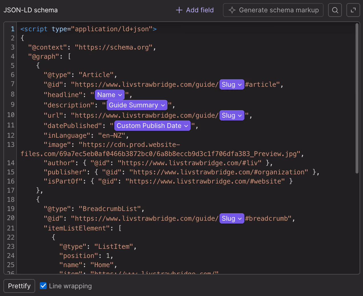 An example of Schema Markup using dynamic fields in Webflow.