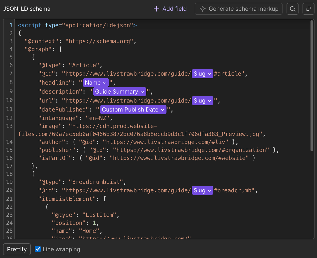 An example of Schema Markup using dynamic fields in Webflow.