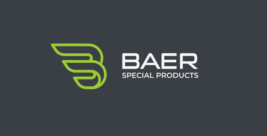 BAER Special Products logo with green stylized B on dark background.