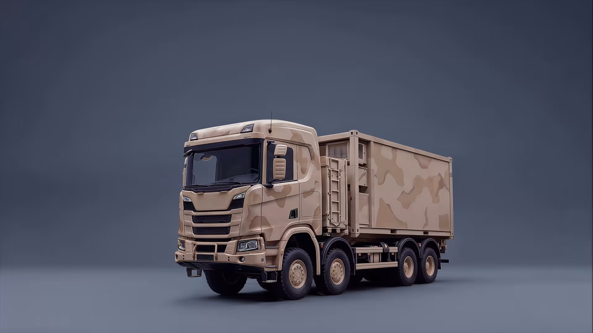 Military-style camouflage transport truck with eight wheels on a gray background.
