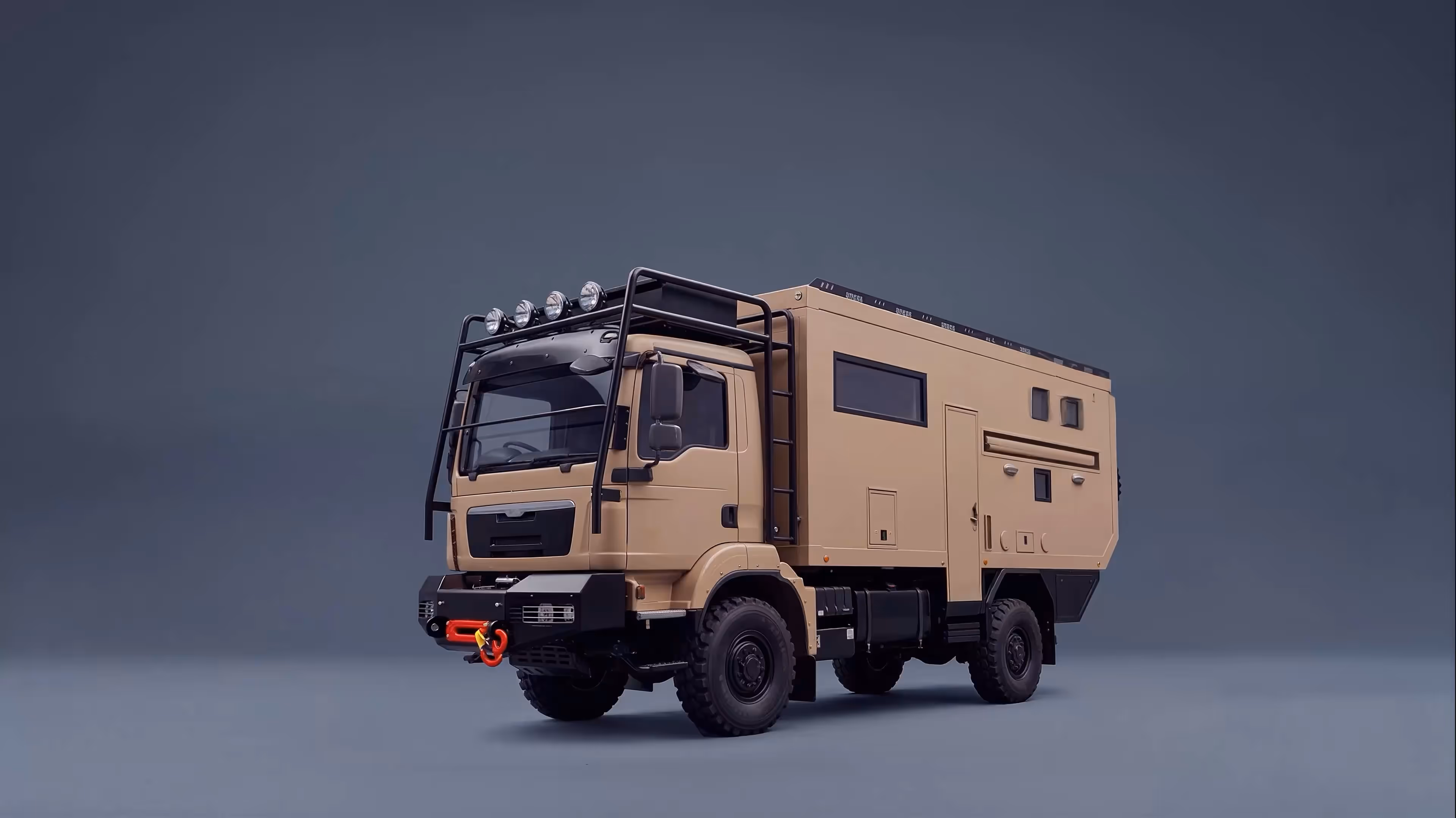 Beige off-road expedition camper truck with protective bars and roof lights on a gray background.
