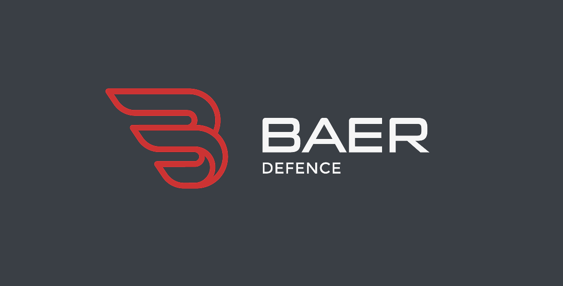 BAER Defence company logo with stylized red wing symbol on dark background.