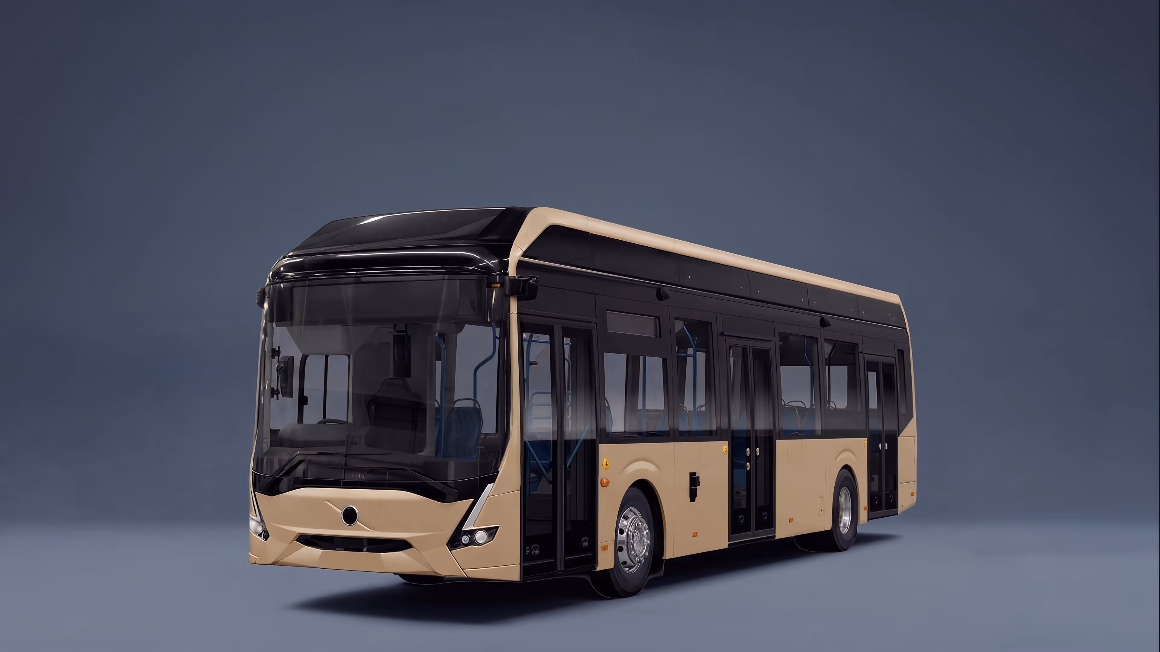 Modern beige and black city bus shown against a plain gray background.