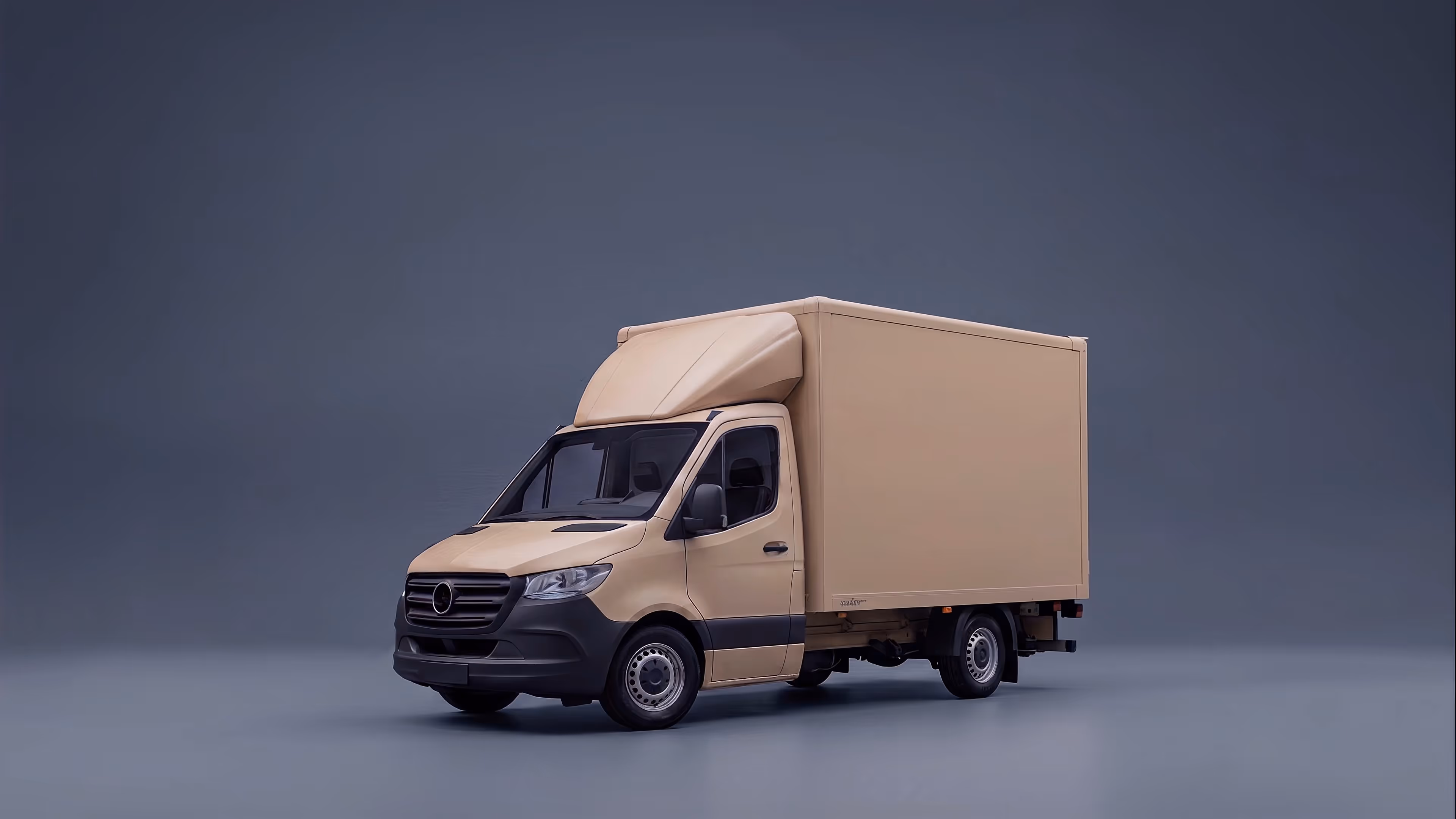 Beige delivery van with black grille on a smooth gray gradient background.
