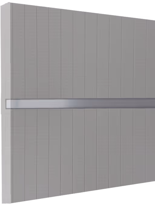 Rectangular gray panel with vertical lines and a horizontal metallic bar across the middle.