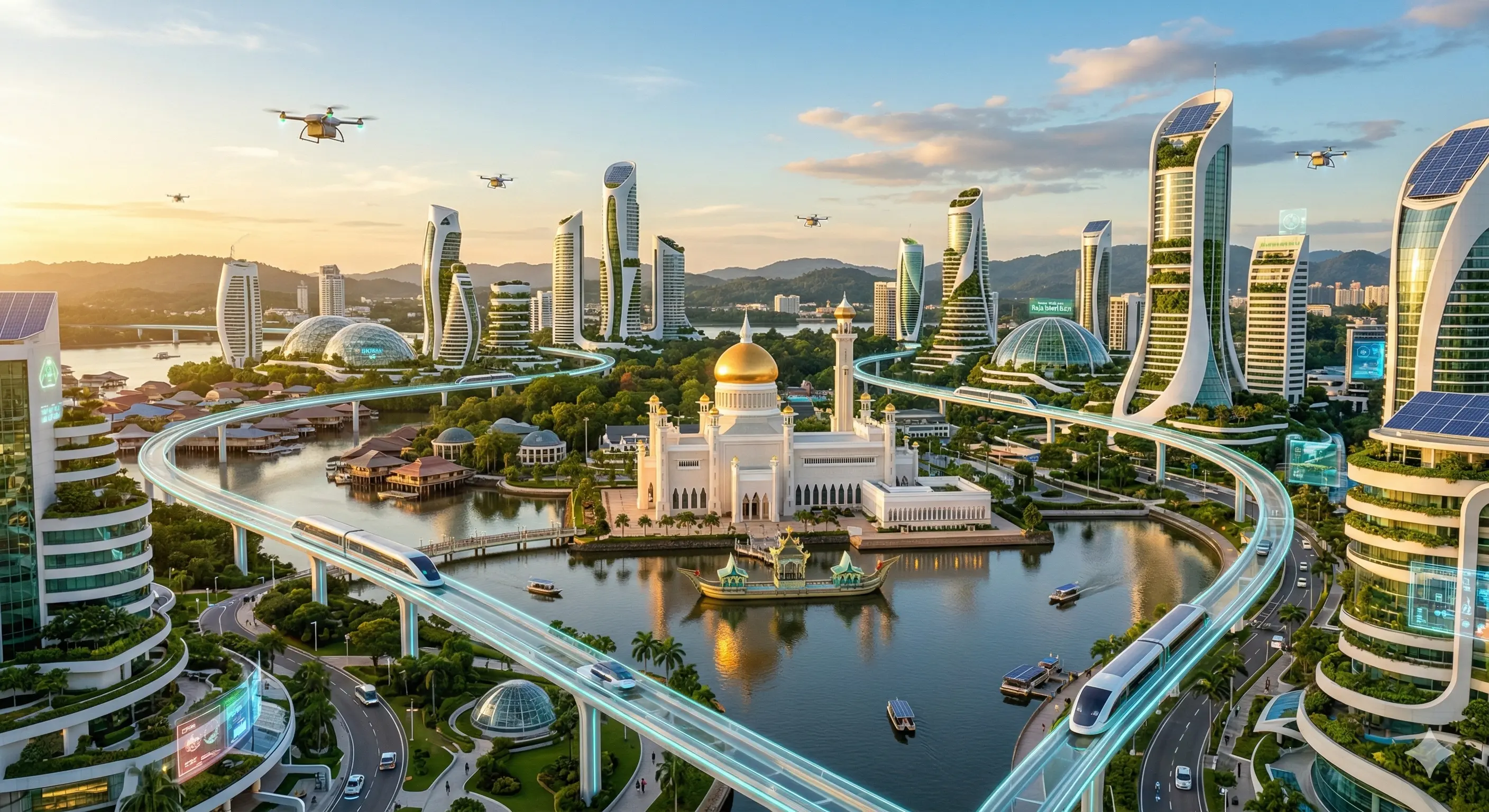 Futuristic cityscape with high-tech skyscrapers featuring greenery and solar panels, flying drones, and elevated magnetic trains circling a golden-domed mosque surrounded by water.