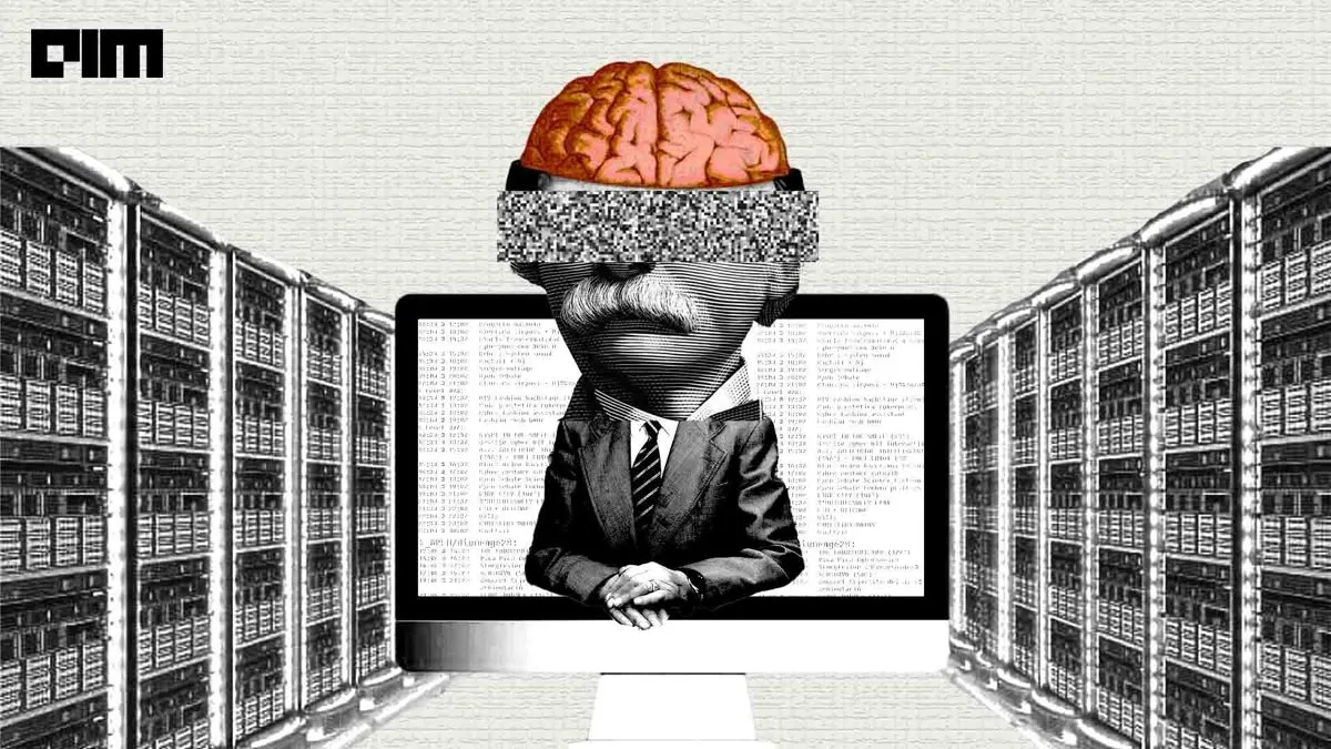 Digital collage of a man with a visible brain and pixelated eyes emerging from a computer screen, flanked by rows of server racks.