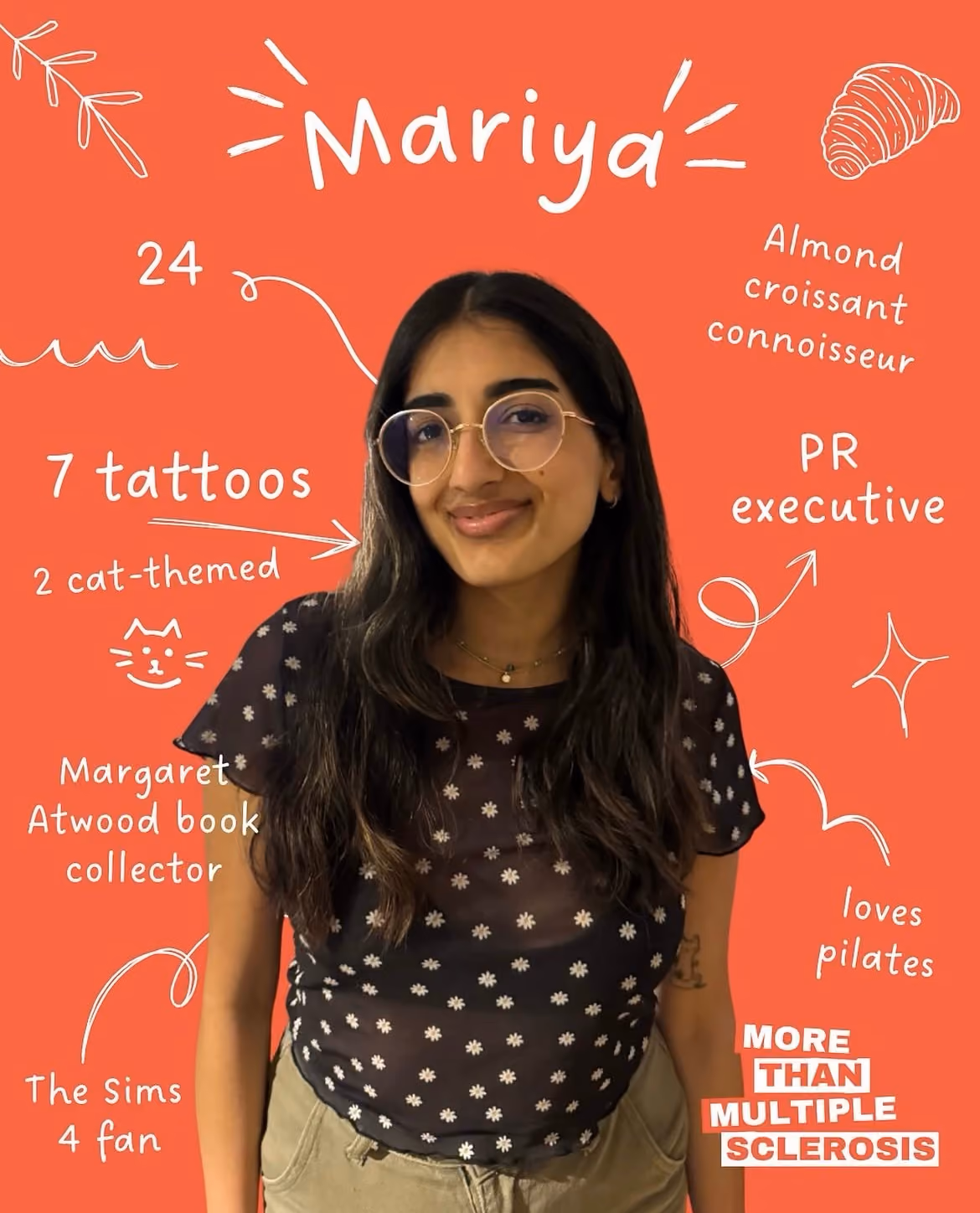 Mariya with illustrations and text of her interests around her profile picture. More than MS logo in the corner of the image.