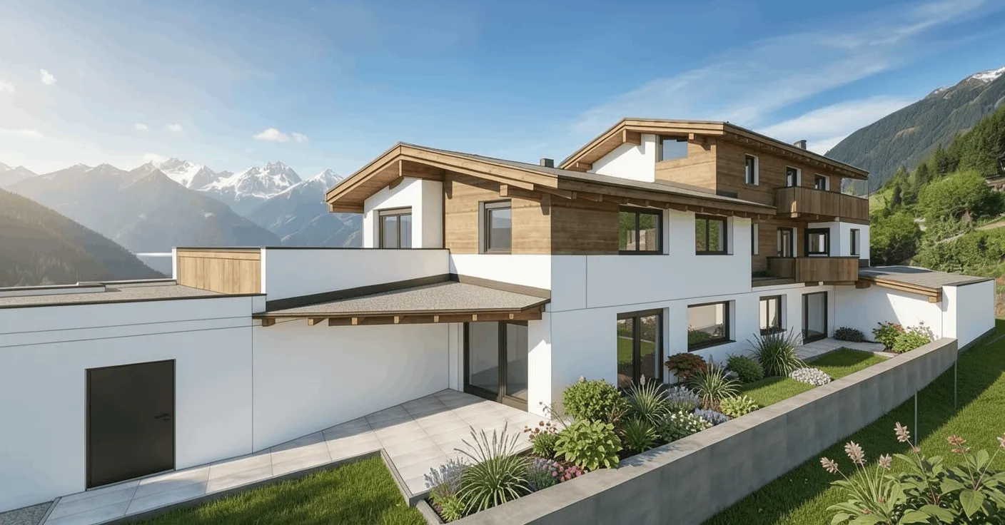 Moderner Wohnhaus mit Holzverkleidung und großen Fenstern vor Alpenlandschaft mit schneebedeckten Bergen.