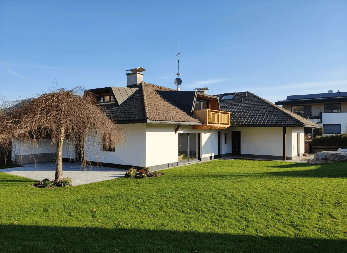 Modernes Mehrfamilienhaus mit weißem Putz, dunklem Ziegeldach, kleinem Balkon und großem grünem Garten bei blauem Himmel.