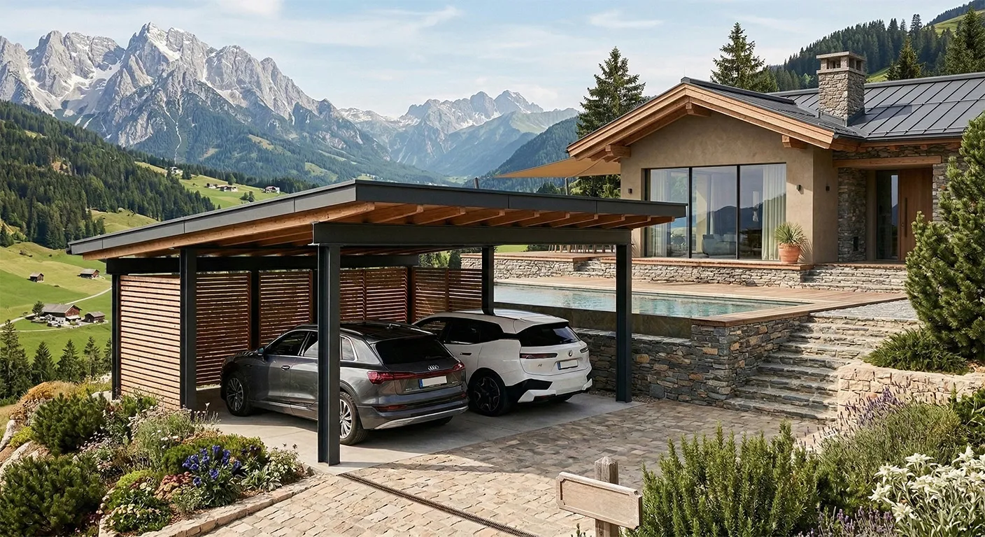 Moderner Carport mit zwei geparkten Autos vor einem Haus mit Pool und Alpenbergkulisse.