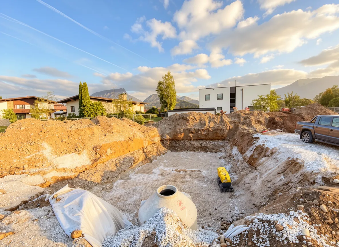 Ausgehobene Baugrube mit Erde, Kies und Baumaschinen vor modernen Häusern und Bergen unter blauem Himmel.