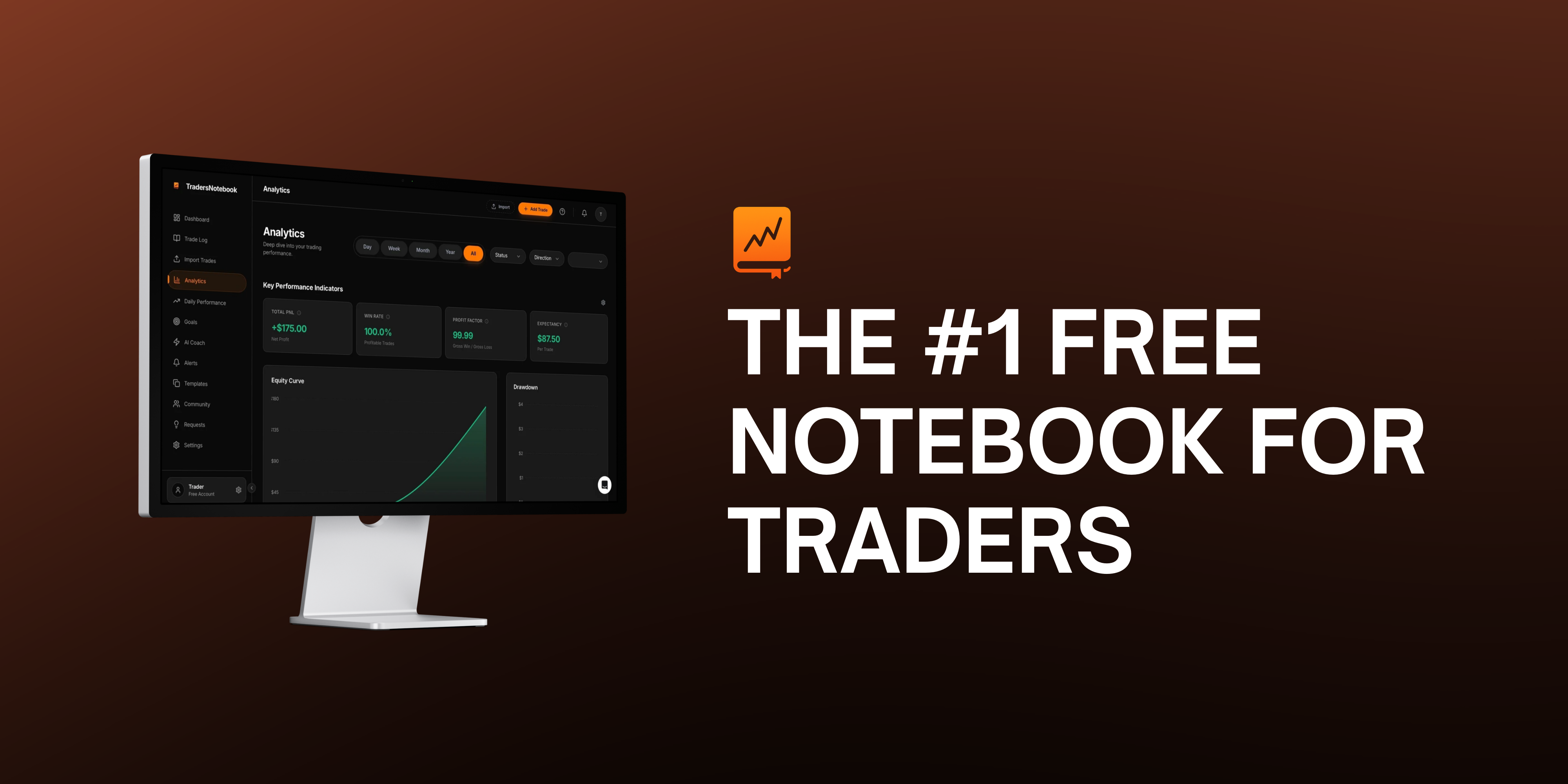 Computer monitor displaying trading analytics dashboard with metrics and a graph alongside text reading 'The #1 free notebook for traders' on a dark gradient background.