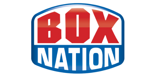 Logo with the words 'BOX' in large red letters and 'NATION' in smaller black letters inside a rounded blue-cornered shield shape.
