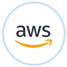 A white circle with the word AWS in blue.