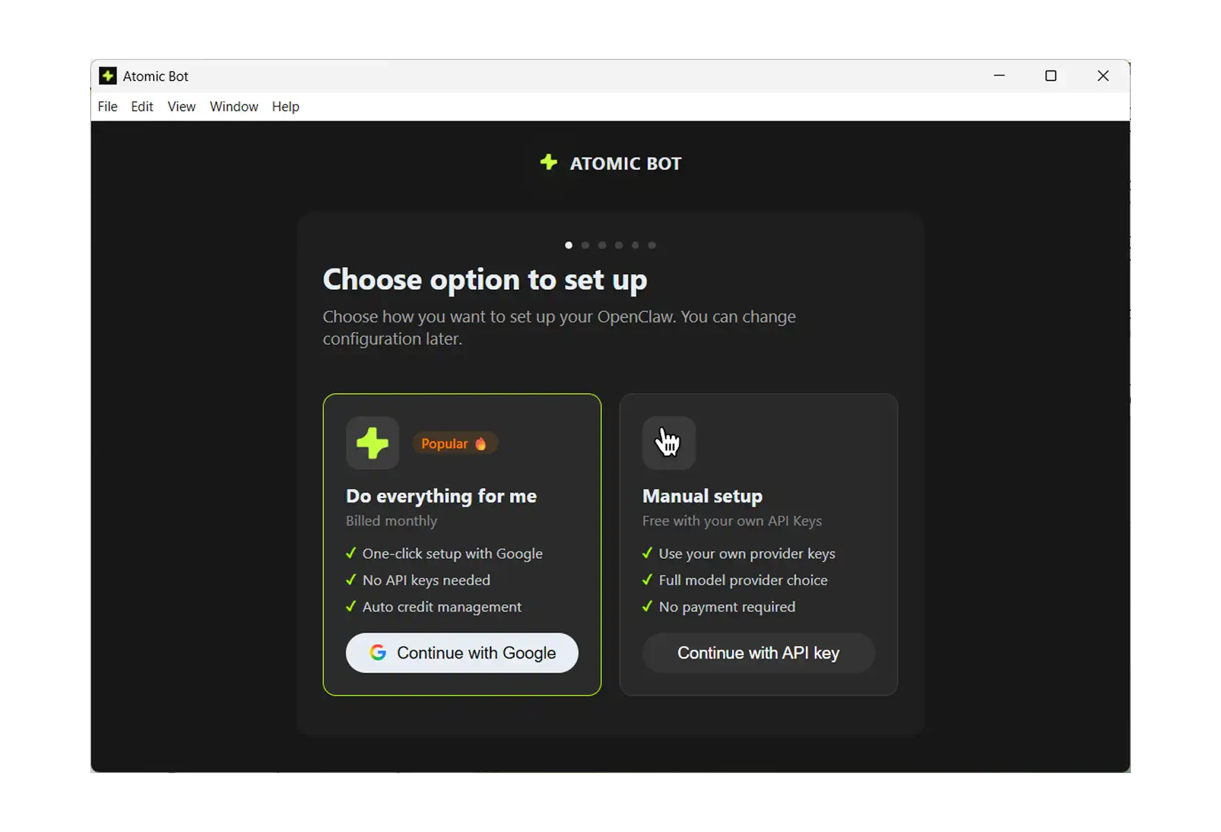2 ways to setup OpenClaw with Atomic Bot