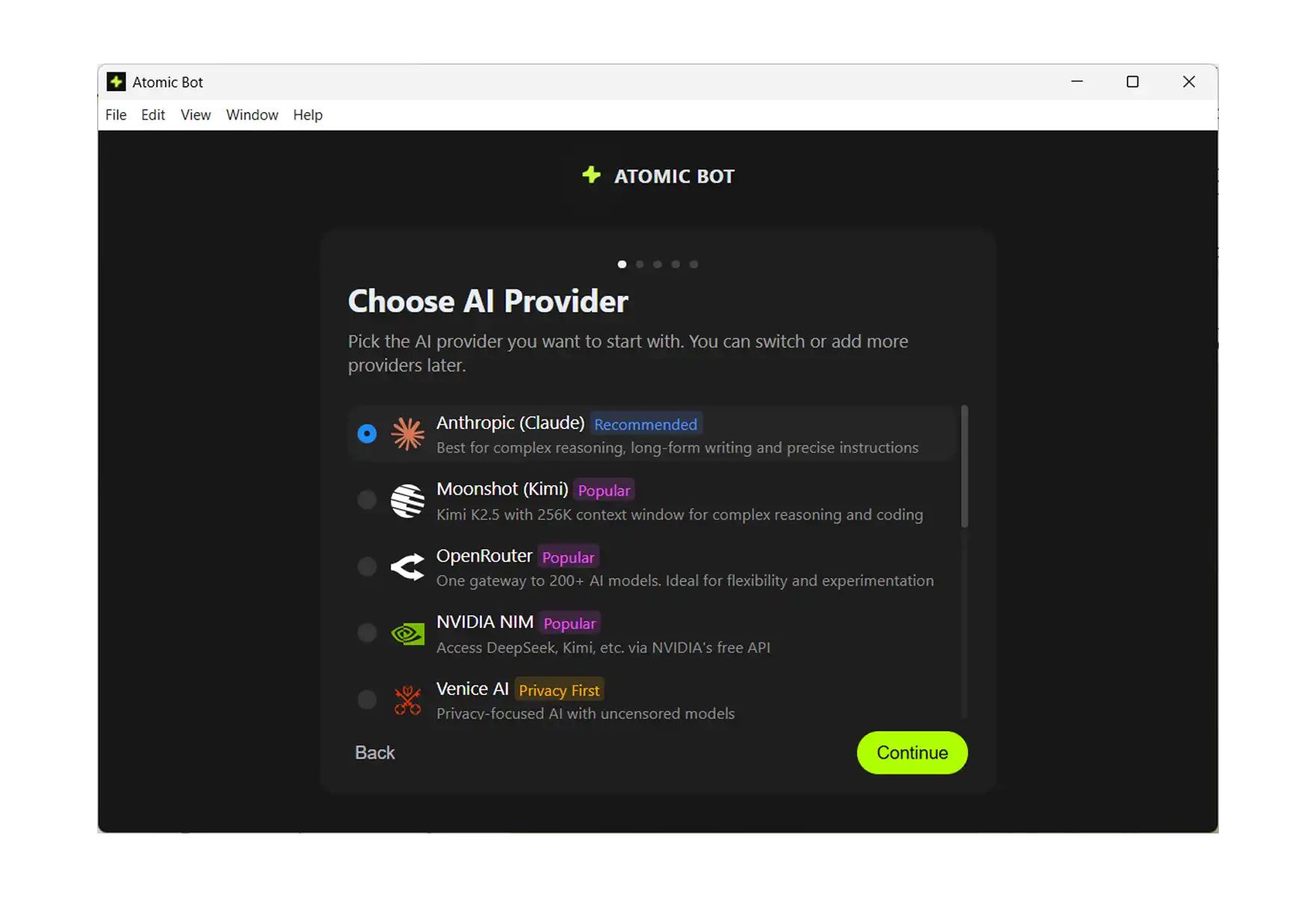 Atomic Bot provider screen