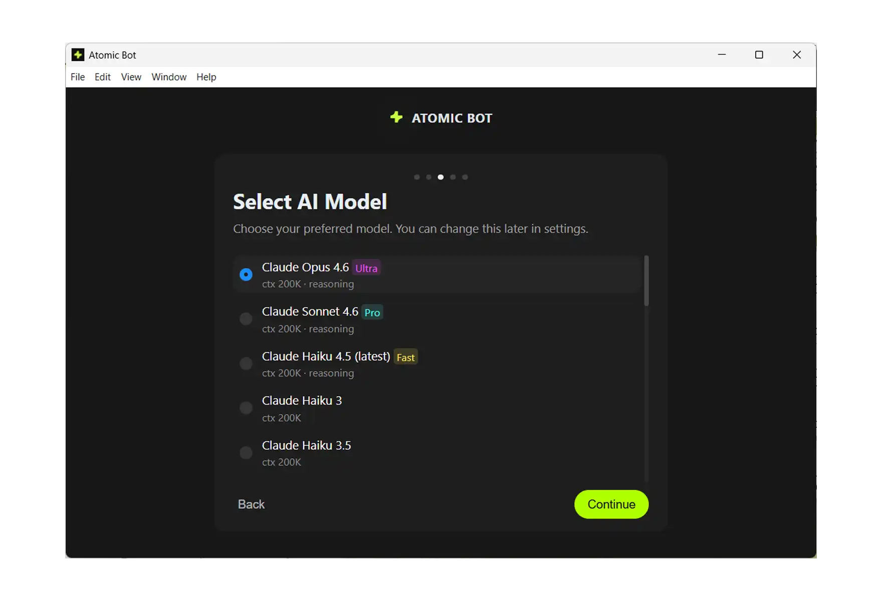 Atomic Bot AI model selection screen
