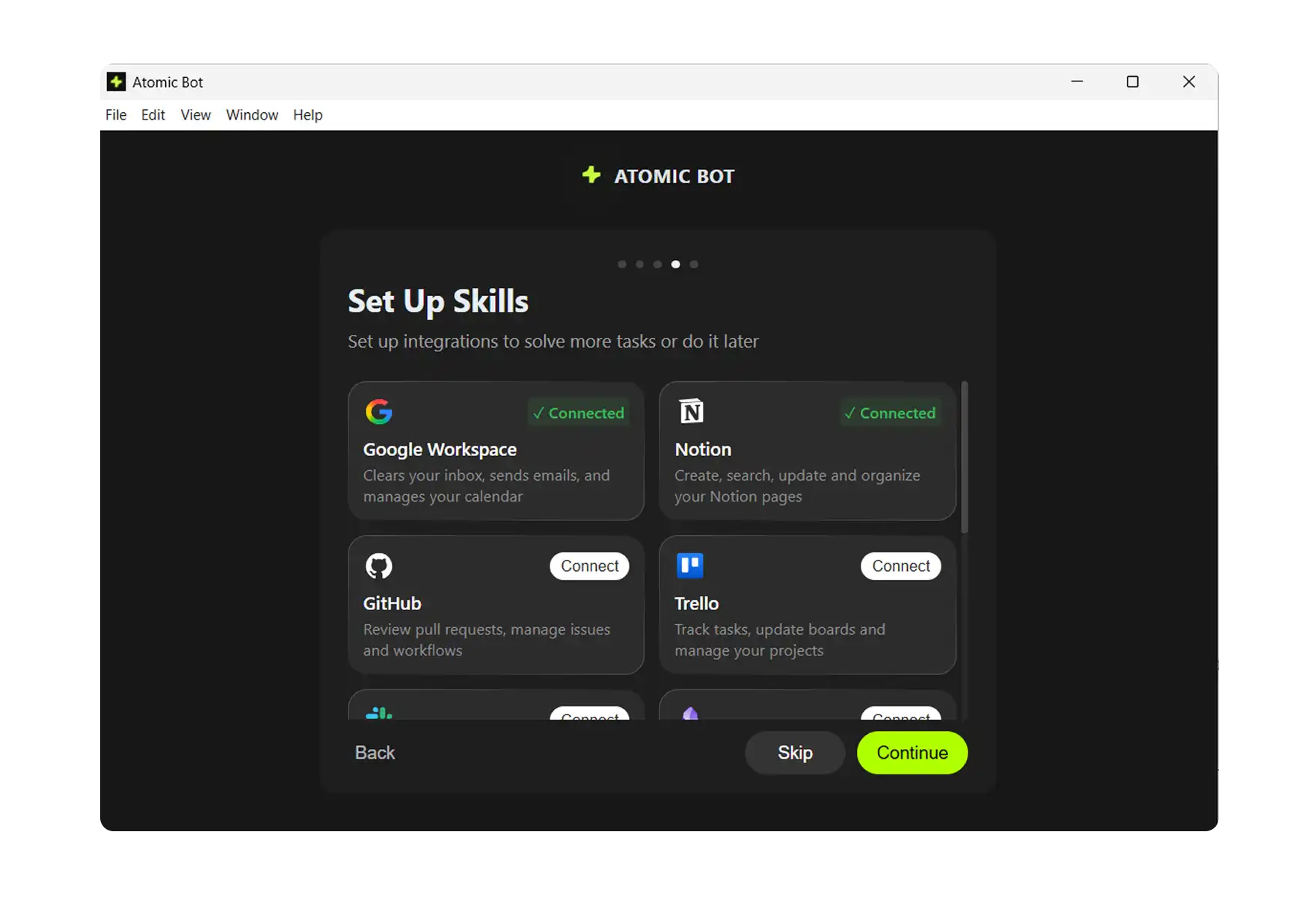 Setting up OpenClaw skills in Atomic Bot