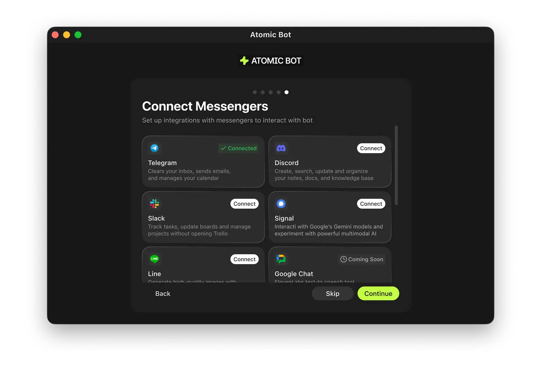 OpenClaw messager connection in Atomic Bot