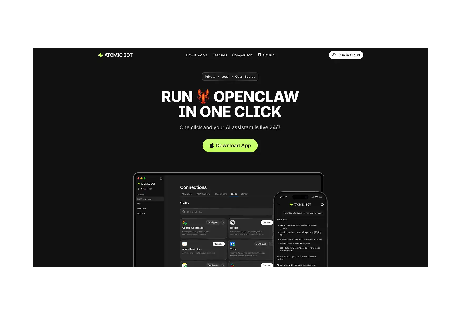 Atomic Bot website homepage β the easiest way to install OpenClaw on Mac and Windows