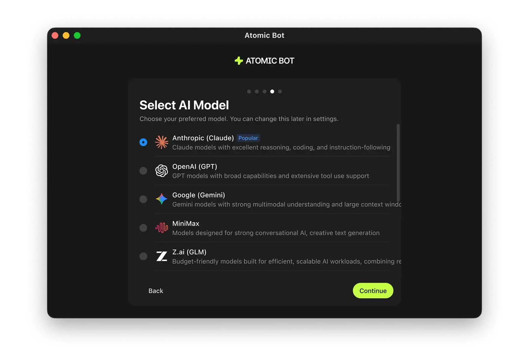 OpenClaw model provider configuration screen in Atomic Bot