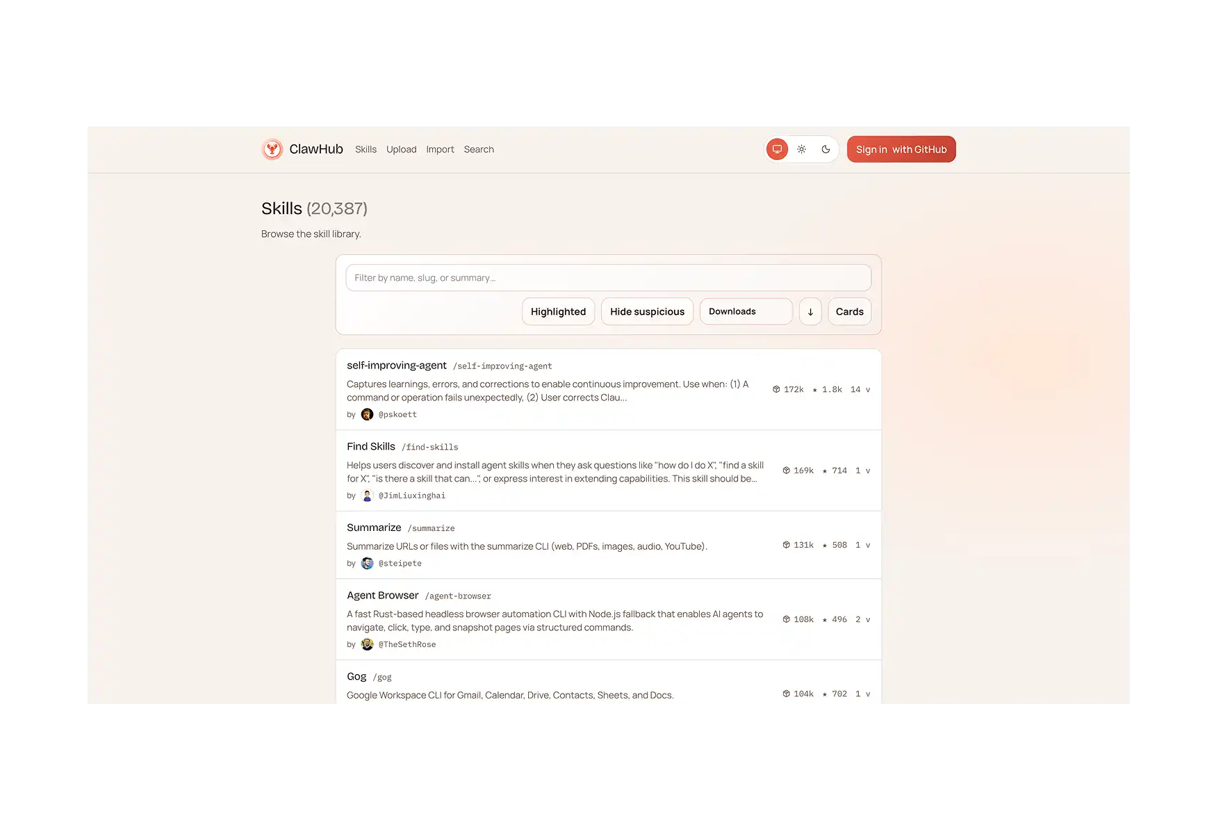 ClawHub web page β an OpenClaw skills directory