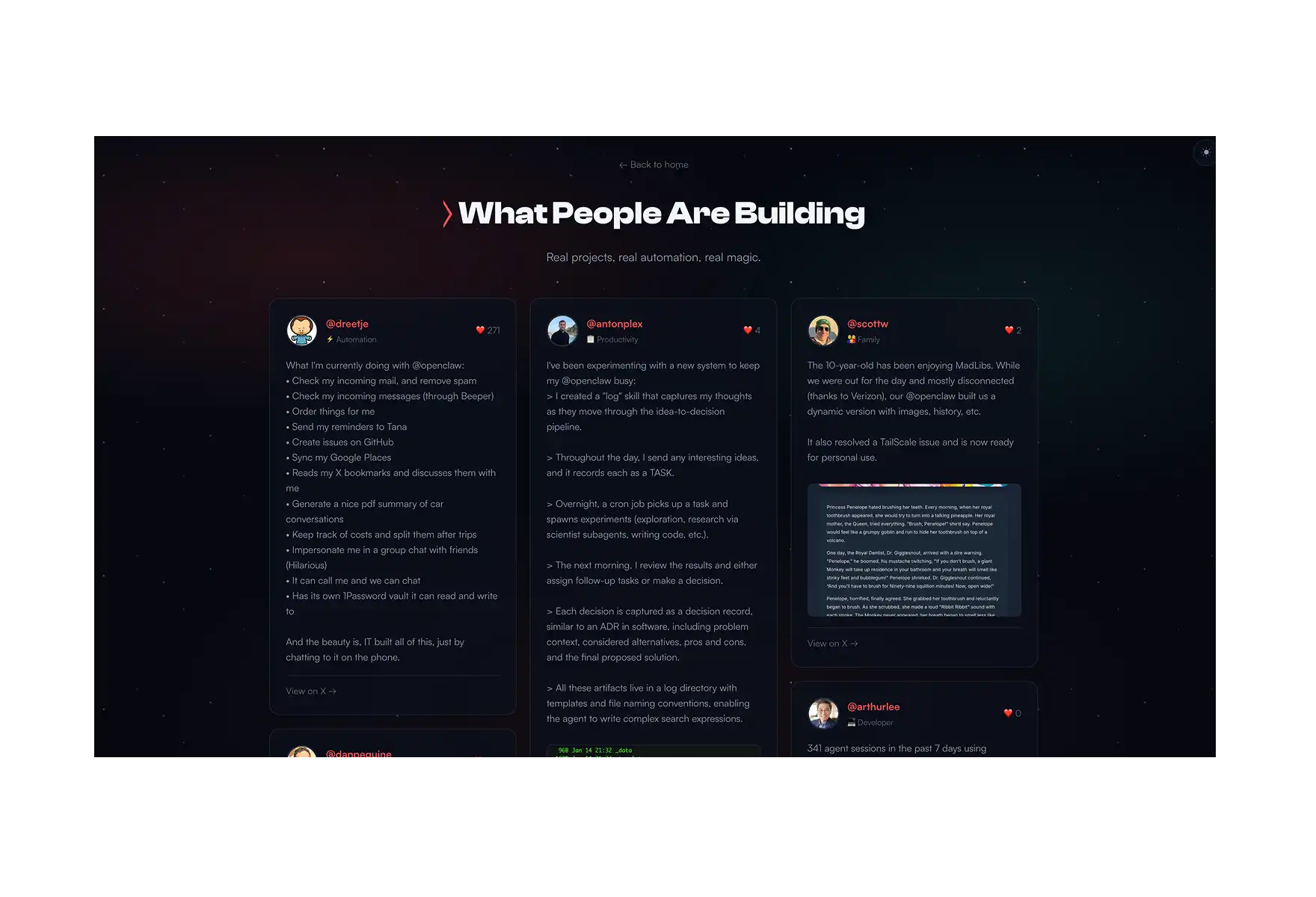 A grid of X posts showcasing AI agent use cases
