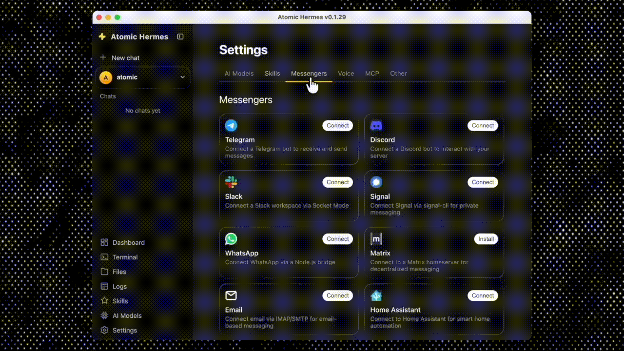 Gif with explanation on how to run messages on Hermes Agent through Atomic Bot 