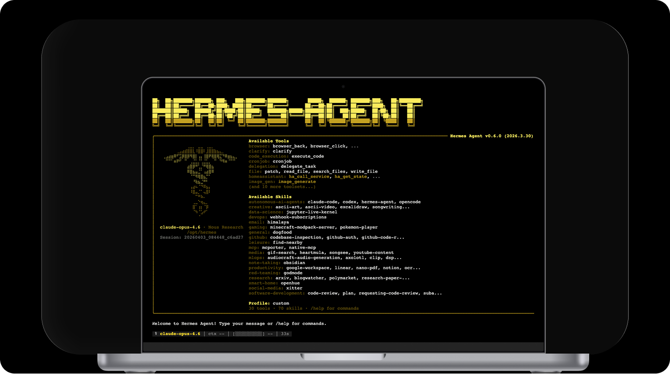 Screenshot of Hermes Agent v0.6.0 terminal interface on a laptop, showing a dark background with yellow pixel-art style "HERMES-AGENT" title, listing available tools (browser, file, code execution, etc.) and skills organized by category (creative, gaming,
