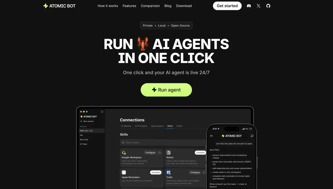 Atomic Bot homepage — run AI agents in one click, private, local, and open-source