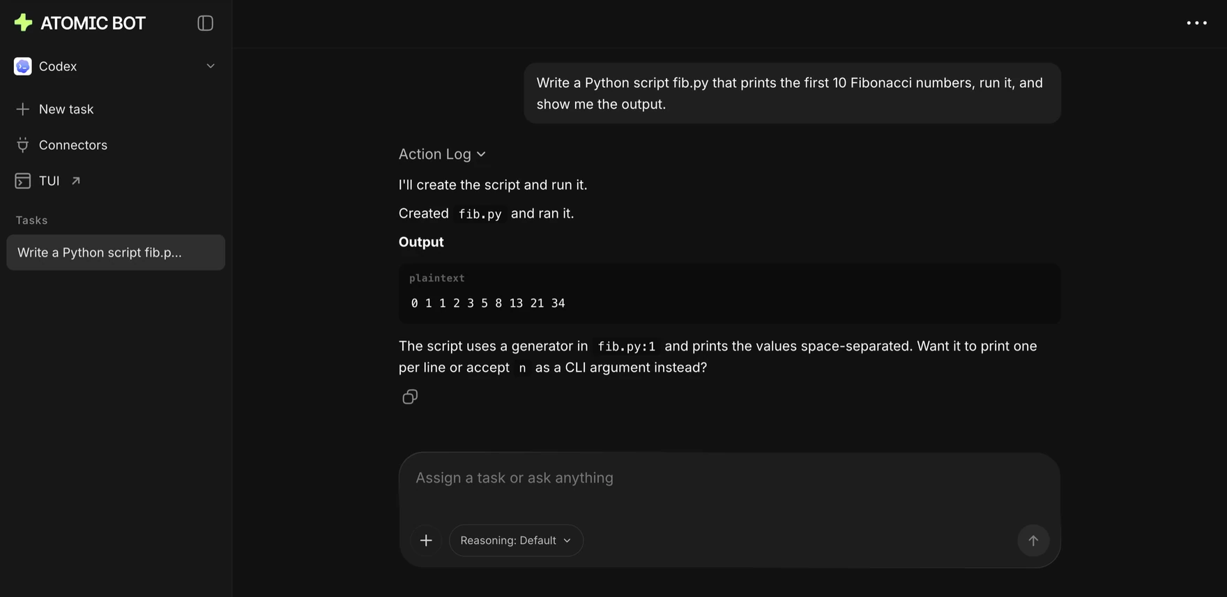 Codex on Atomic Bot: a task finished in the browser