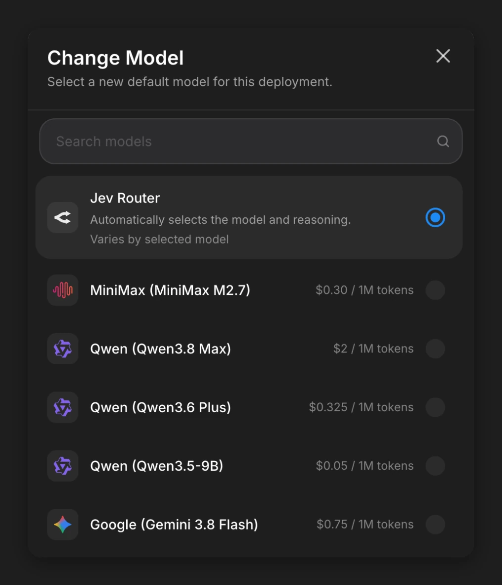 The Change Model window on Atomic Bot with Jev Router selected