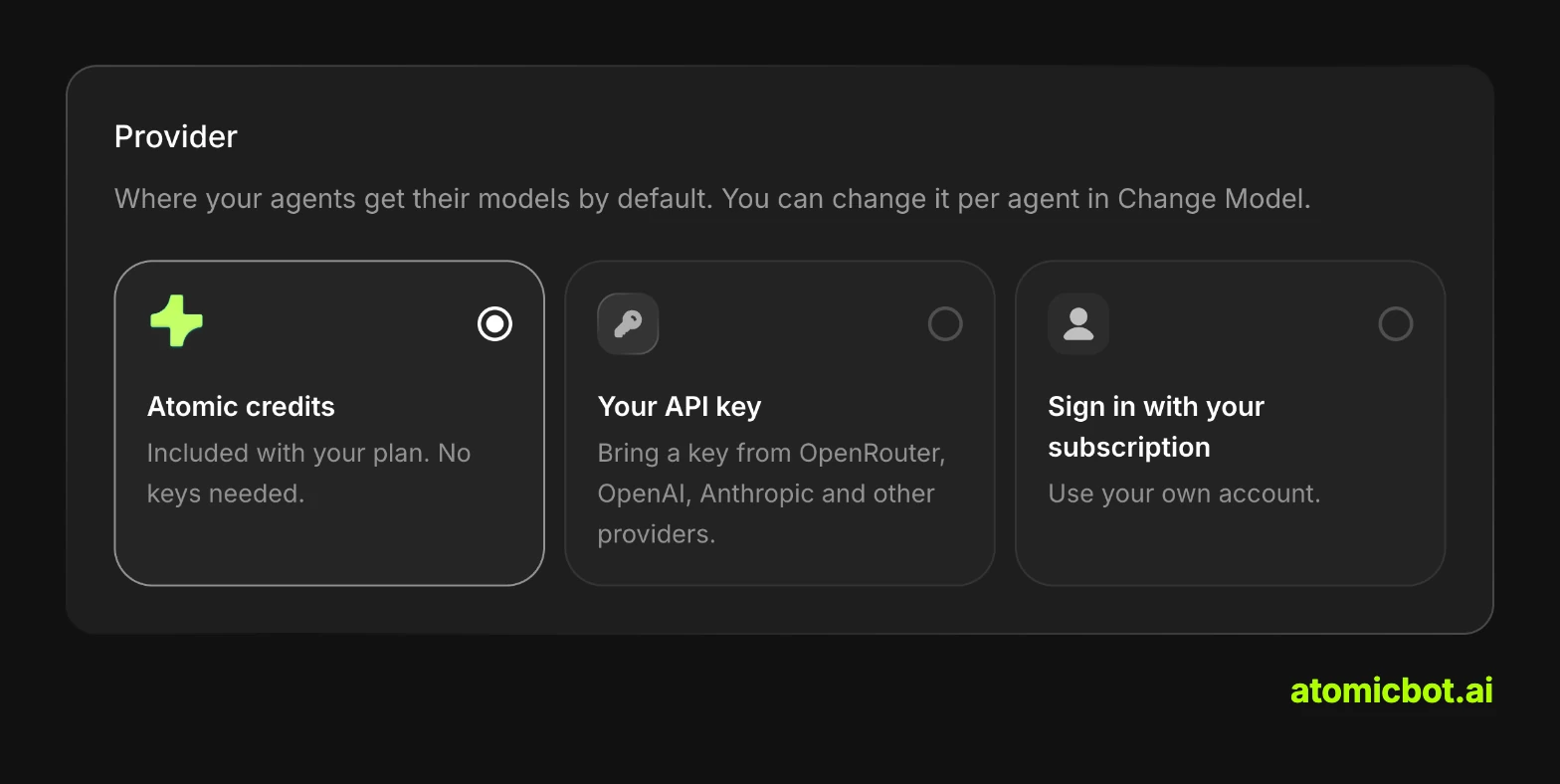 Atomic Bot Settings: pay for models with Atomic credits, your own API key or your subscription