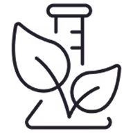 Icon of a test tube with two overlapping leaves in front, representing science and nature.