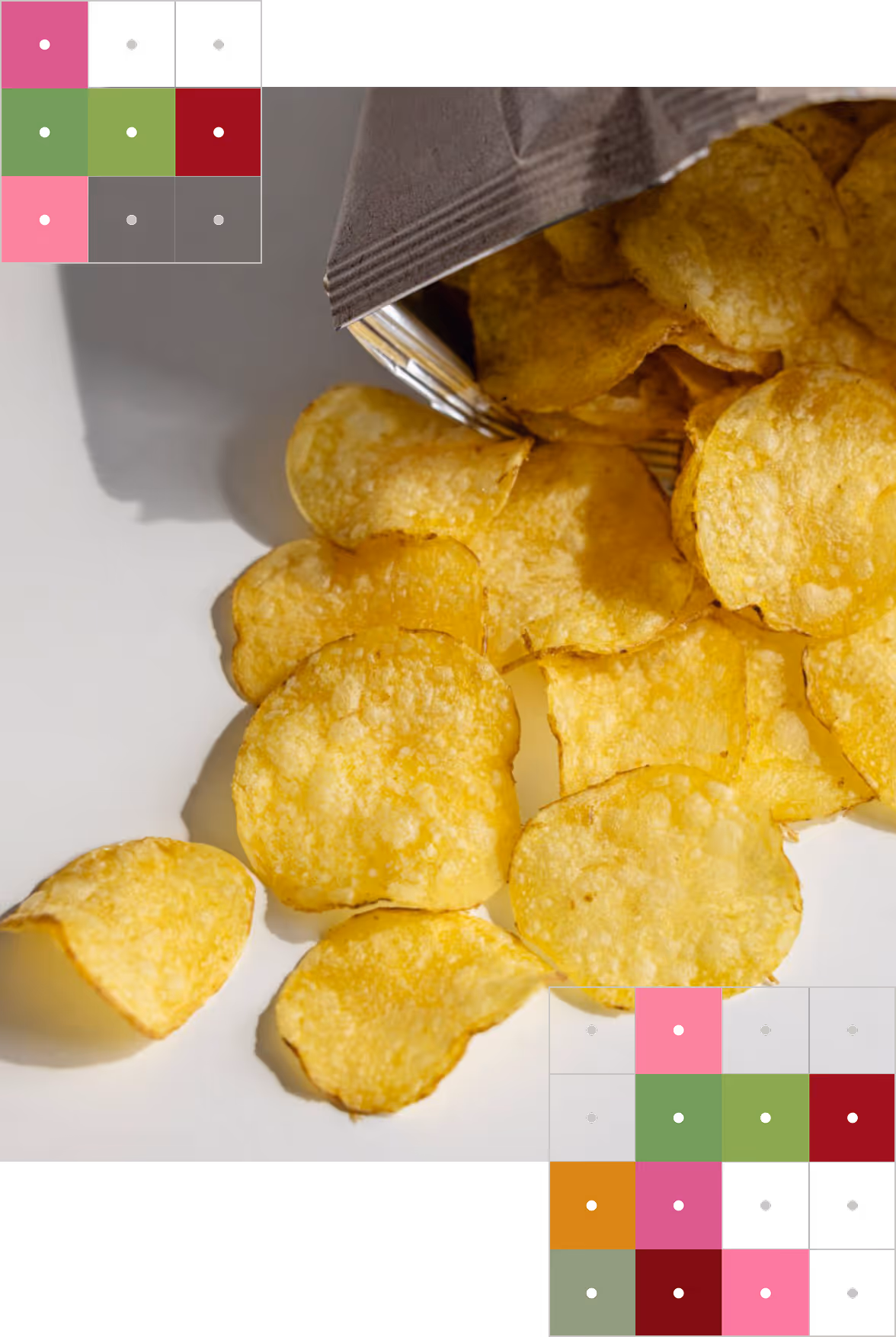 Open bag spilling golden, crispy potato chips on a white surface.