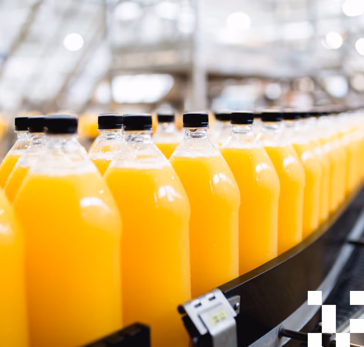 Rows of plastic bottles filled with orange juice on a conveyor belt in a production facility.
