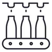 Icon of an assembly line with three bottles on a conveyor belt under a mechanical arm.