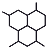 Three connected hexagons with small line extensions on some edges representing a honeycomb or molecular structure.