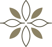 Six symmetrical olive-green leaf shapes arranged in a radial floral pattern on a white background.