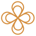 Abstract symmetrical design made of four golden intertwined loops forming a flower-like shape on white background.