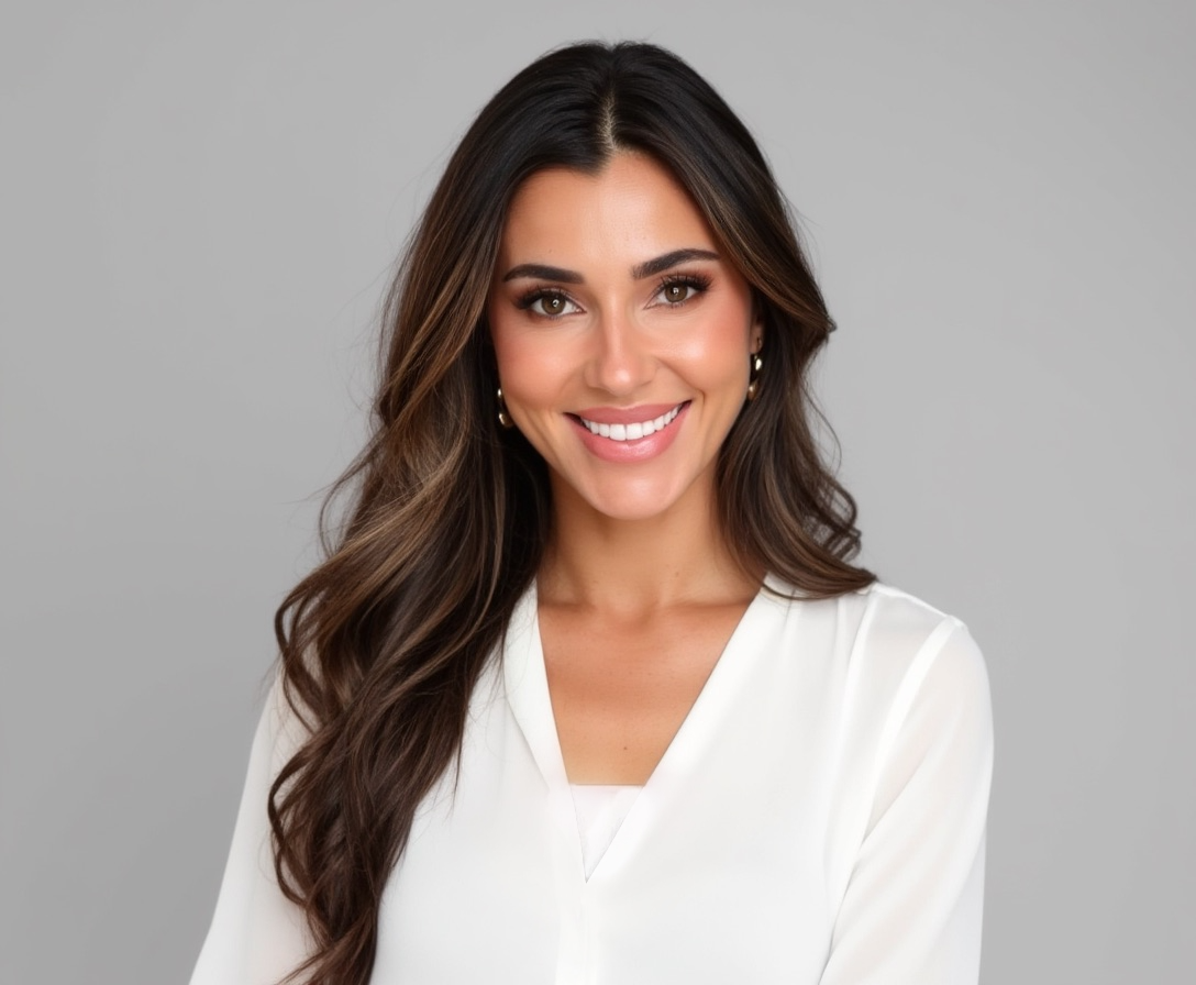 Smiling woman with long dark wavy hair wearing a white blouse against a gray background.