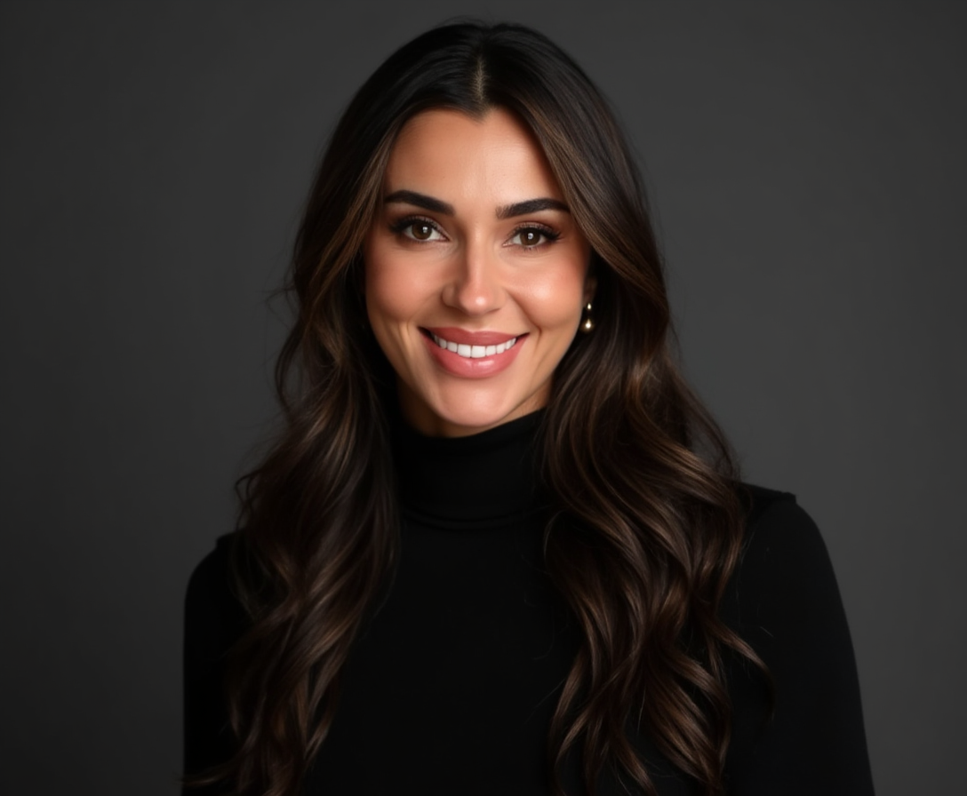 Smiling woman with long dark wavy hair wearing a white blouse against a gray background.