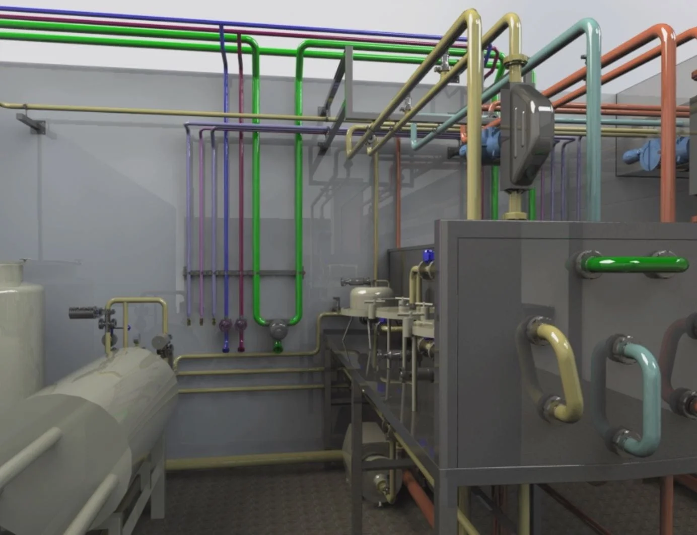 Wnętrze instalacji przemysłowej z kolorowymi rurami i urządzeniami sterującymi.