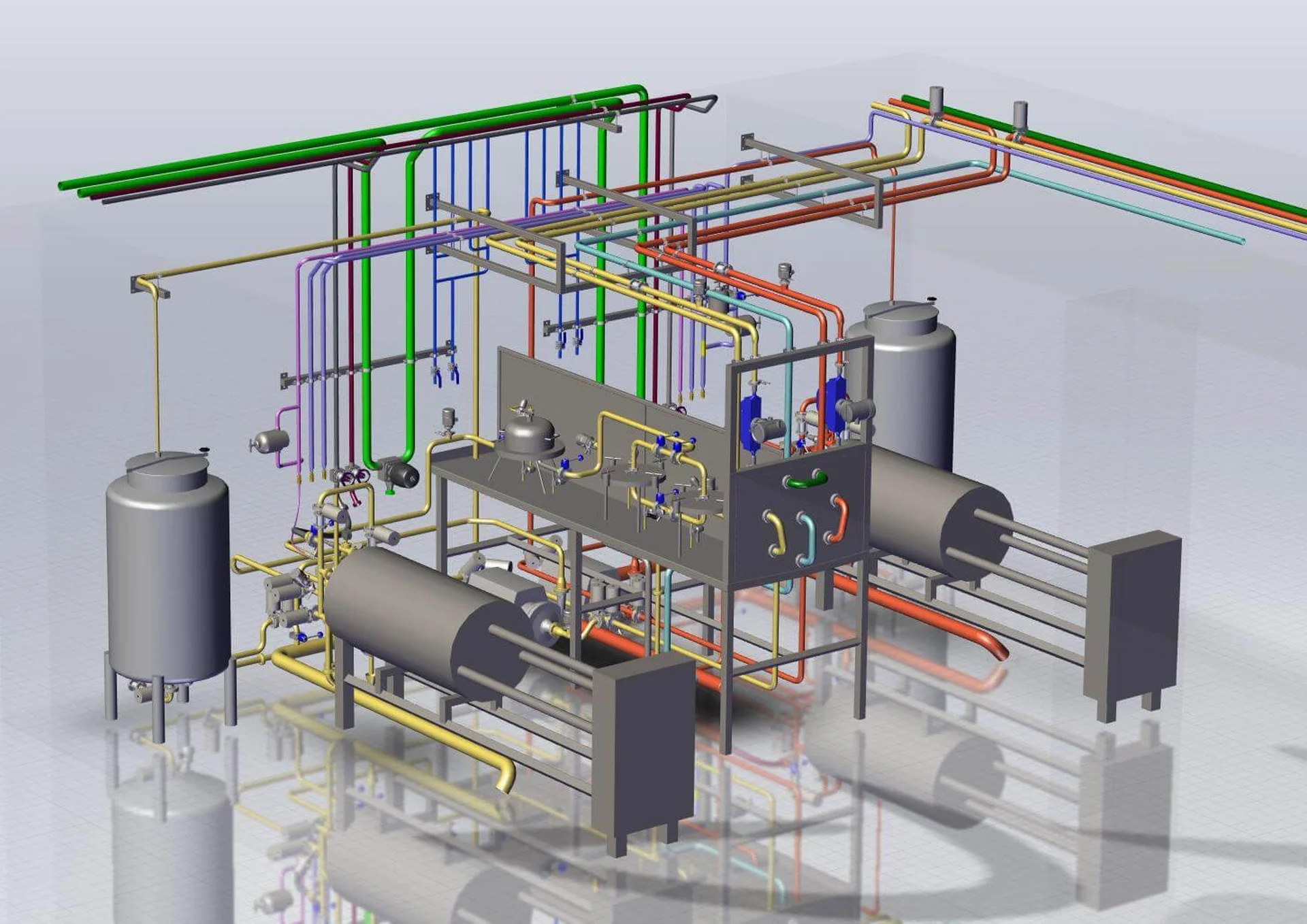 Schemat instalacji przemysłowej z rurami w różnych kolorach, zbiornikami i zaworami, przedstawiony w widoku 3D.